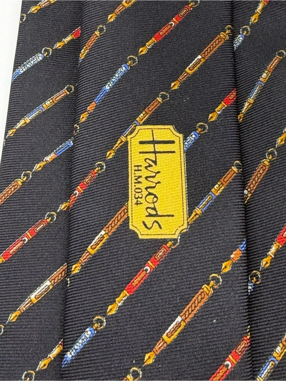 Harrods London 100% Silk Tie Black Fountain Pen Novelty Print Made In England